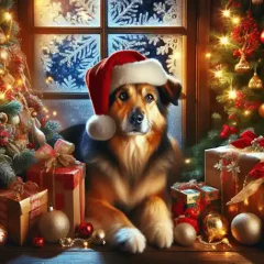 Dog Laying Between 2 Christmas Trees