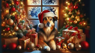 Dog Laying Between 2 Christmas Trees