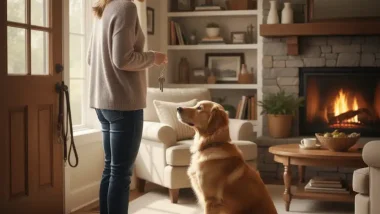 Woman Leaving and Saying Goodbye to Her Dog