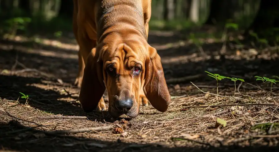 A Bloodhound Sniffing the Trail of a Lost Person